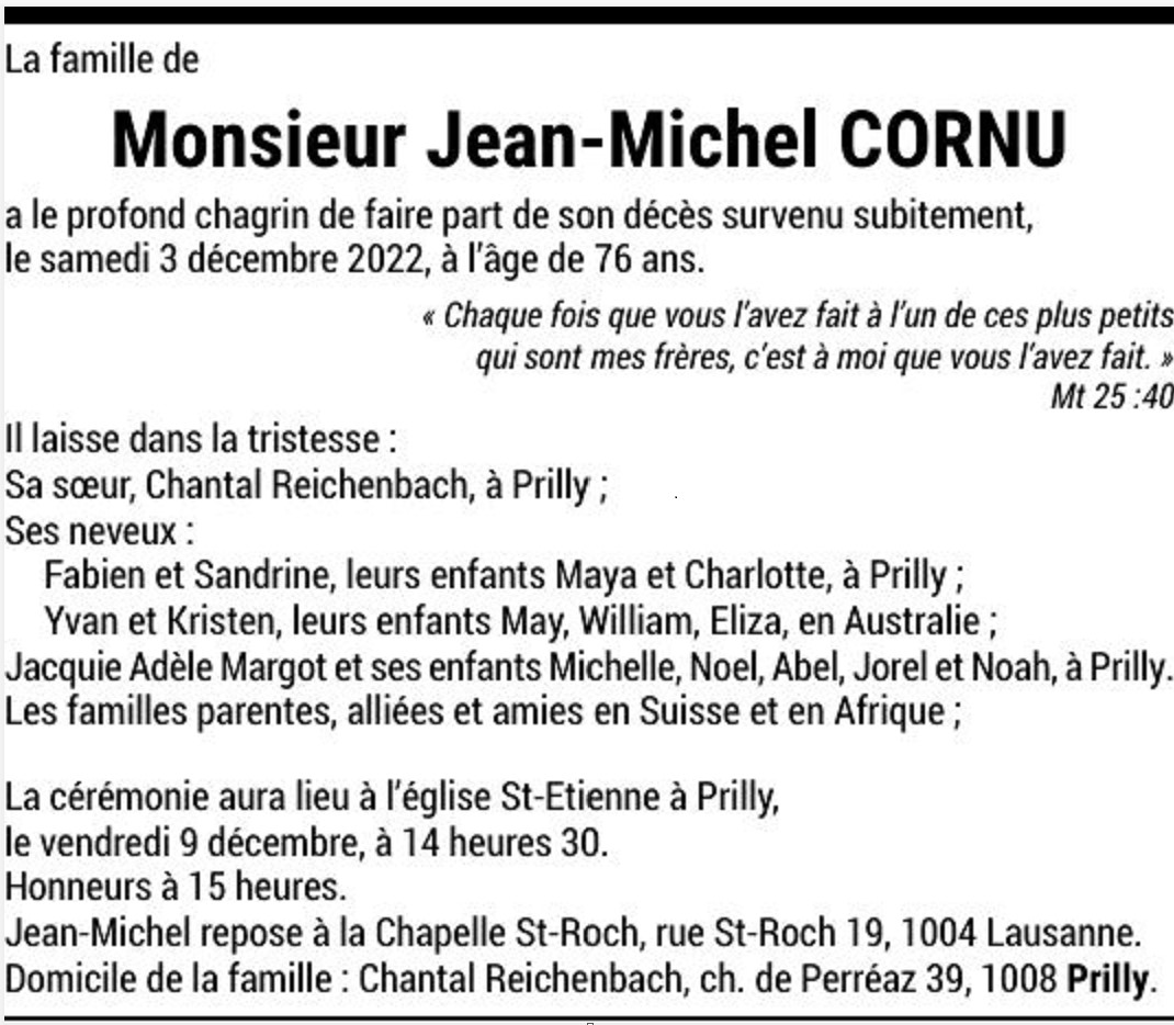 Monsieur JeanMichel CORNU Pompes Funèbres Générales SA Payerne